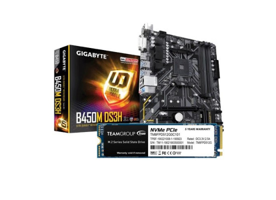 Gigabyte B450M DS3H Motherboard and Team MP33 PRO 512GB M.2 SSD Combo